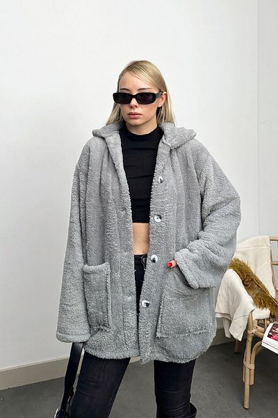 VAGGON Γκρι βελούδινο παλτό Oversize - Διπλή τσέπη, Κουμπί, Γυναικείο, Prm0589