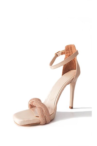 GDT Ayakkabı Nude Colored Satin High Heel Stone Band Detailed Women's Evening Dress Shoes
