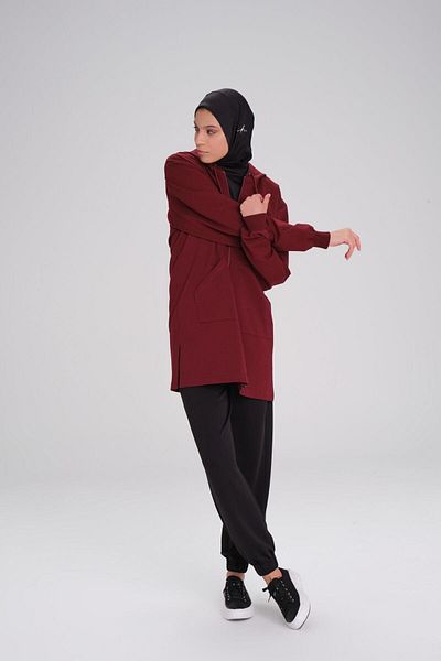 Haşema Claret Red Hooded Soft Texture Casual φούτερ - ACT-15 με φερμουάρ