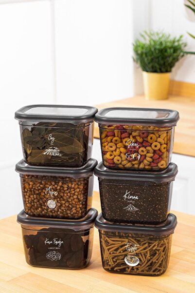 Vienev Set of 6 Peggy Rectangular Storage Containers with White Screen Printing Label 800 Ml Anthracite