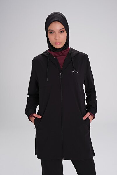 Haşema Ενεργό μακρυμάνικο με κουκούλα μαύρο με φερμουάρ Hijab Training Top ACT-10
