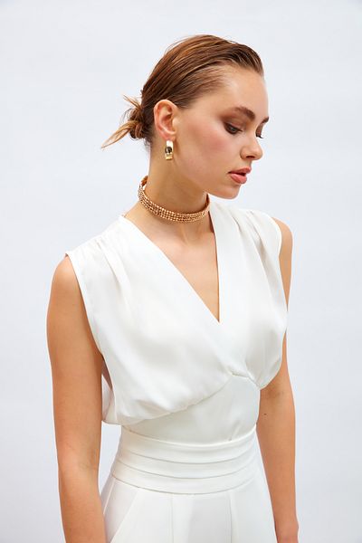 Sateen Bluză scurtă din satin cu două piept - Ecru