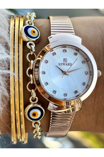 Reward Brand Small Case, Steel Strap, Special Lock System, Rose Elegant Women's Wristwatch + bracelet