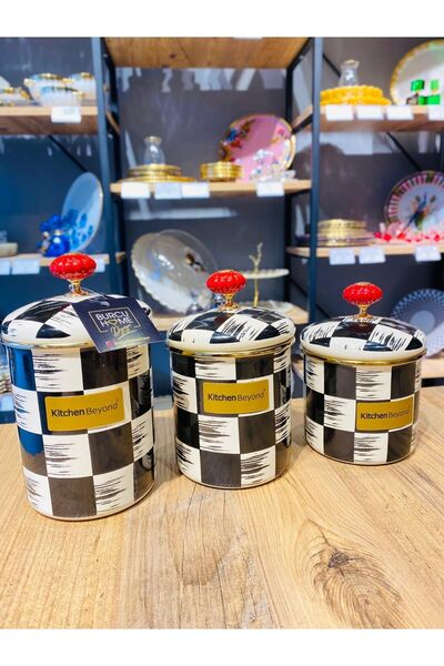 burcuhomedizayn 3lü Damalı Kavanoz Takımı- Acar Marka emaye baharatlık