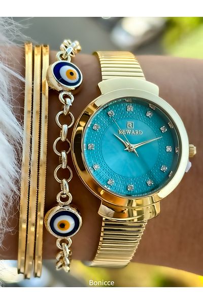 Reward Elegant Yellow Women's Wristwatch - Steel Cord, Special Lock System and Evil Eye Beaded Bracelet