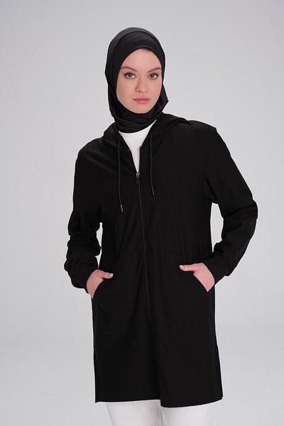 Haşema Черен суитшърт с качулка и цип, мек, с реглан принт - ACT-12