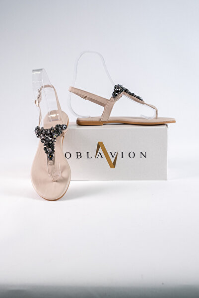Oblavion Lavion Bej Siyah Taşlı Günlük Kadın Sandalet