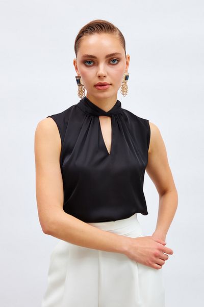 Sateen Bluză din satin cu detaliu guler - neagră