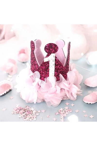 damlakidsmoda 1 Yaş doğum günü tacı fuşya pembe