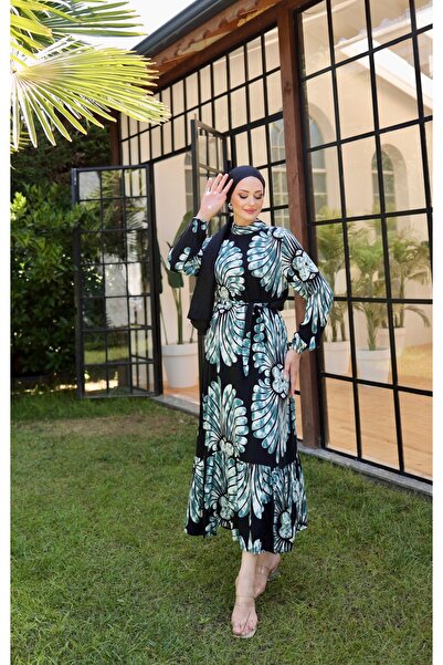 B.HE.Z Водно-зелений суддівський комір Reactiv Сукня з принтом Рузгар Гулу з довгими рукавами Tesettur