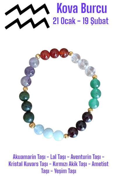 MGA DOĞAL TAŞ Kova Burcu Bilekliği (Ay Taşı, Ametist, Akuamarin Taşı, Lal Taş...