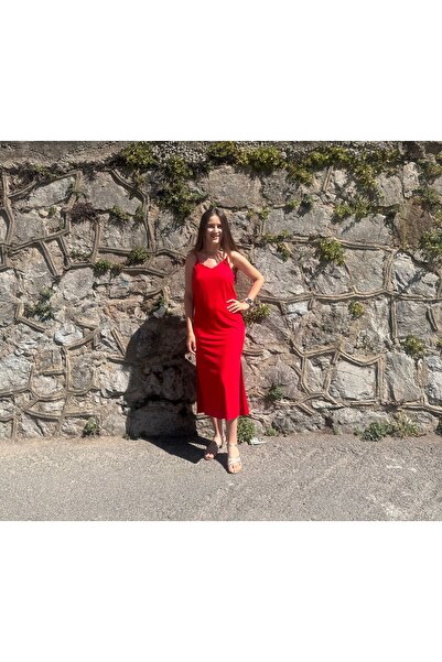 DİLARA TARTAR BUTİK İp askılı kırmızı pamuk elbise