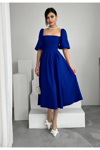 lovebox Saks Μπλε Στράπλες Γυναικείο Φόρεμα Midi Μήκους - Κοντό μπαλόνι μανίκι, Atlas Fabric, Flared Cut ETK-004