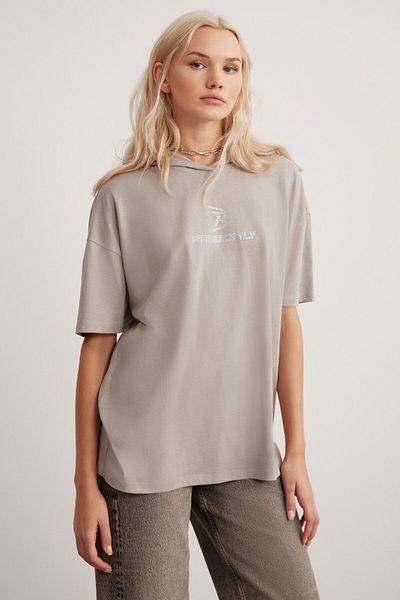 GRIMELANGE Nıxie Women - 100% Organic Gray Stone Embroidered Hooded Cotton T-Shirt