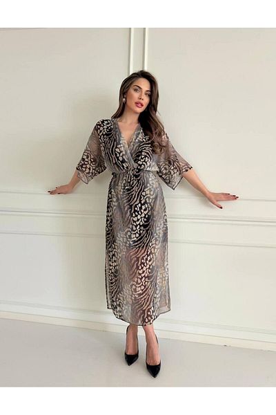 WOMAN VISION Design elegant - Rochie cu imprimeu leopard Yoryo din șifon lurex pentru femei cu mânecă în liliac - STP-006