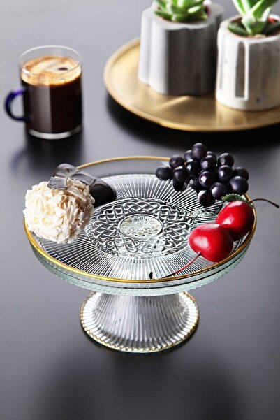 WuuQ Gold Yaldızlı Cam Ayaklı Pasta Kek Kahve yanı Sunum Stand Tabağı- 16 cm