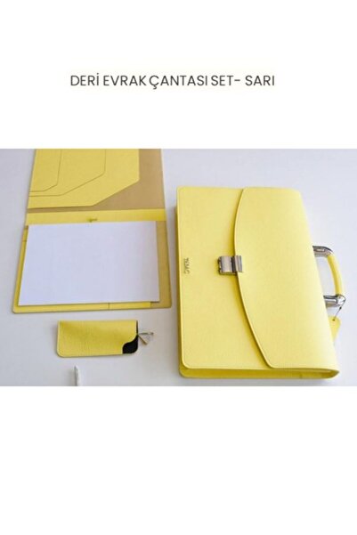 Tabac DERİ EVRAK ÇANTASI SET Gözlük Kılıfı - El Portföyü - SARI - 21002