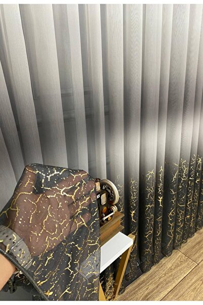 farbateks Olympos New Fashion - Gray, Anthracite, Gold Gold, Gilded 3 Layer Pleated Tulle Curtain