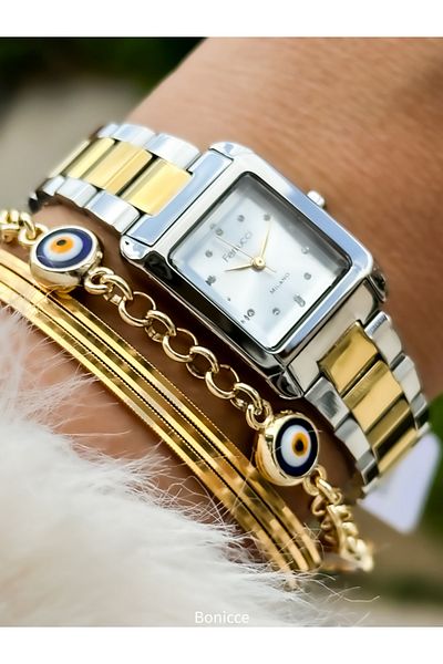 Ferrucci Yellow/Silver Colored Steel Cord Women's Watch - Evil Eye Beaded Bracelet