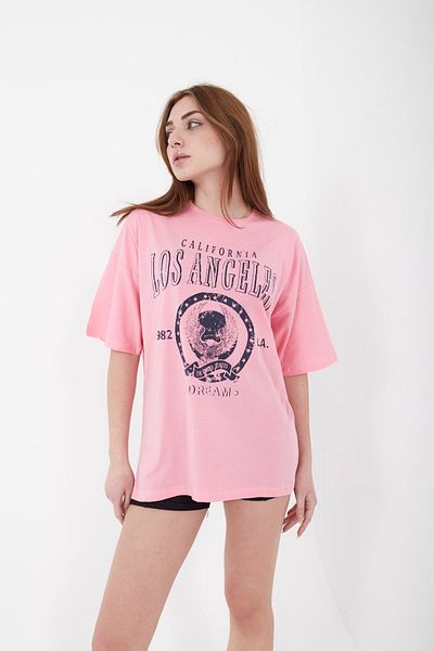 Mad&Calf Unisex Oversize Los Angeles εμπριμέ ροζ μπλουζάκι