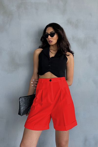 Ortaya Çık Red Palazzo Shorts - Double Legs, Pleated Fabric