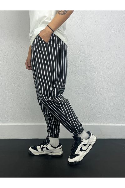 hazelin Ανδρικό ασπρόμαυρο ριγέ παντελόνι Jogger με ελαστική μέση και πόδι HZL24S-MXC8989-189