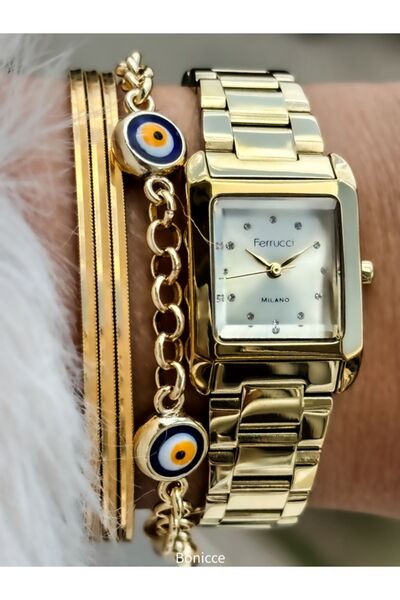 Ferrucci Women's Wristwatch - Yellow Color, Steel Cord, Evil Eye Beaded Bracelet