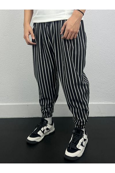 hazelin Ανδρικό ασπρόμαυρο ριγέ παντελόνι Jogger με ελαστική μέση και πόδι HZL24S-MXC8989-189
