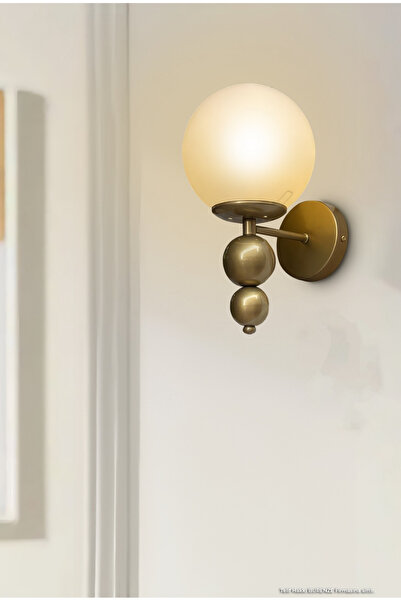 burenze Modern Beyaz Glop Camlı Pilli Aplik 1 ADET Tak Çalıştır Aç Kapa Butonlu Kablosuz Eskitme Gold Sarı