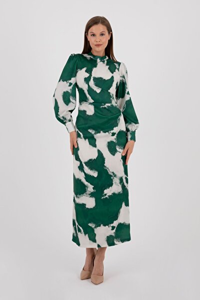 ŞEYDA ERTEM Culoare verde crem - Rochie cu mâneci lungi cu modele mixte