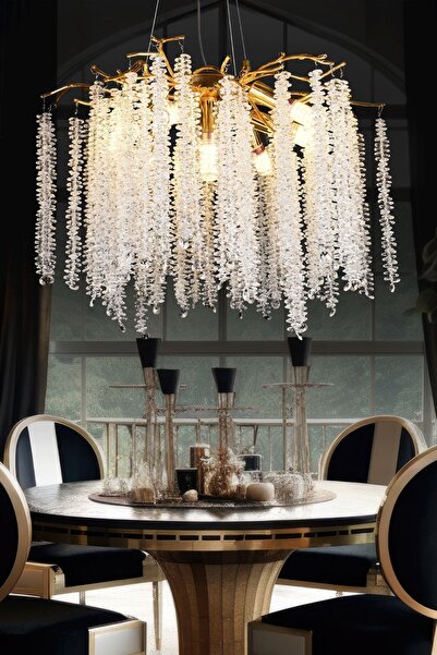 Apliqa Dina Serip Gold Kaplamalı Modern Tasarım Salon Kristal Sarkıt Avize