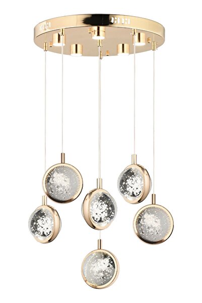 Apliqa Eldon 6'lı Yuvarlak 3 Renk 88 Watt Gold Kristal Ledli Modern Oturma Odası Salon Sarkıt Avize