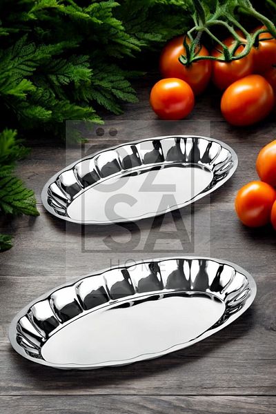 ÖzSa Home Stainless Steel 2-Piece Fruit and Salad Plate Set - Bright Sliced, Boat Plate No:4 & No:5