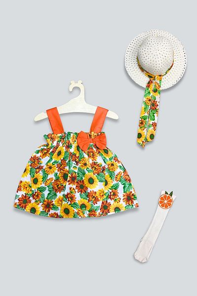 ADABEBEK Orange Floral Patterned Dress and Socks Set with Hat