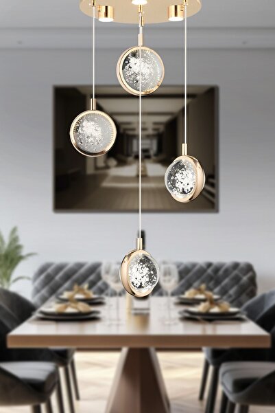 Apliqa Eldon 4'lü Yuvarlak 3 Renk 61 WattGold Kristal Ledli Modern Oturma Odası Salon Sarkıt Avize