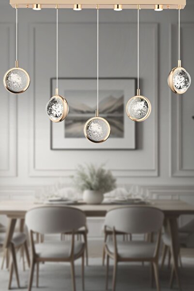 Apliqa Eldon 5'li Sıralı 3 Renk 75 Watt Gold Kristal Ledli Modern Oturma Odası Salon Sarkıt Avize