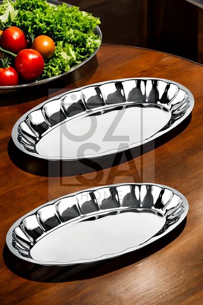 ÖzSa Home Stainless Steel 2-Piece Fruit and Salad Plate Set - Bright Sliced, Boat Plate No:5