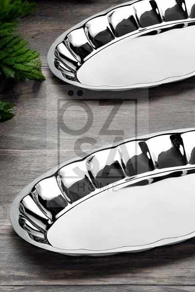 ÖzSa Home Stainless Steel 2-Piece Fruit and Salad Plate Set - Bright Sliced, Boat Plate No:4 & No:5