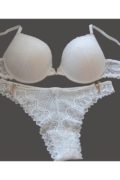 shefox Women's V Detailed Lace Padded Padded Bra Panty Set
