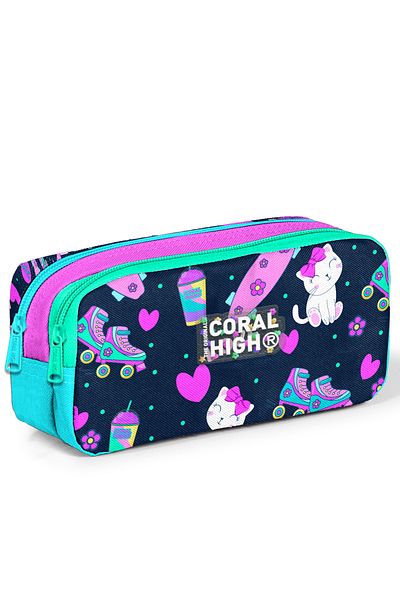 Coral High Navy Blue Pink - Παιδική τσάντα μολυβιού δύο τμημάτων με μοτίβο γάτας και πατίνι 12091