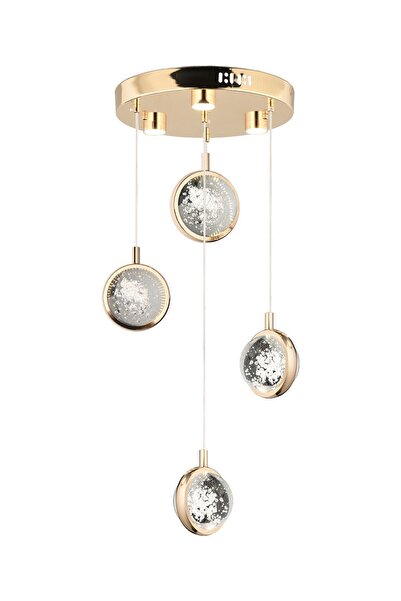 Apliqa Eldon 4'lü Yuvarlak 3 Renk 61 WattGold Kristal Ledli Modern Oturma Odası Salon Sarkıt Avize