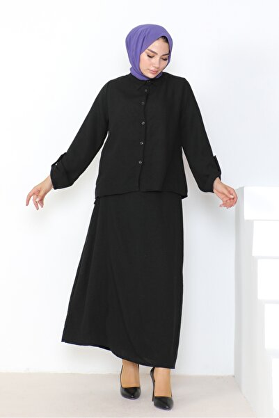 Bestenur Linen Double Set Shirt and Skirt - Black 1036