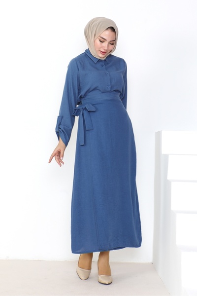 Bestenur Indigo Linen Shirt and Skirt Set - 1036