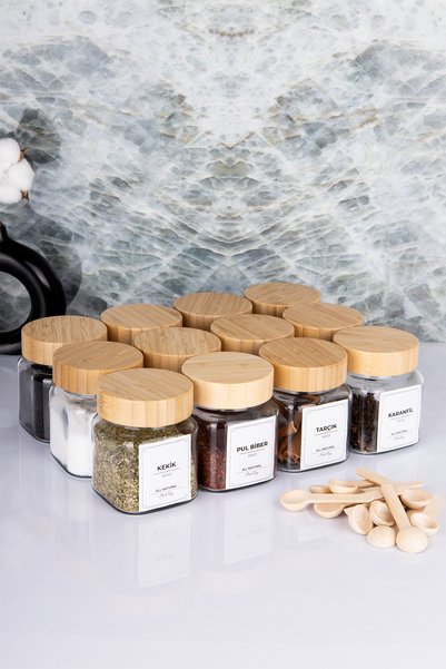 MODA OZY 300 ml 12 Jars with Bamboo Lids and 12 Mini Spice Spoons - 24 Piece Spice Set