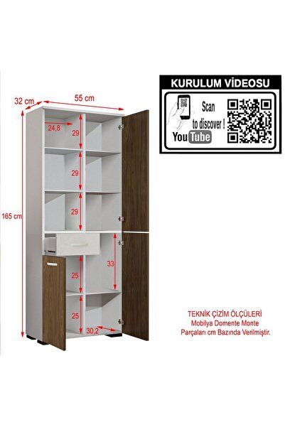 Modilayn CEVHER MUTFAK 3 Kapaklı Tek Çekmeceli Çok Amaçlı Mutfak Dolabı Ceviz, Beyaz