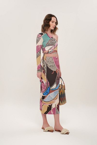 Eda Taşpınar Et Iconic Design Patterned Single Shoulder Crop Blouse-Skirt Set