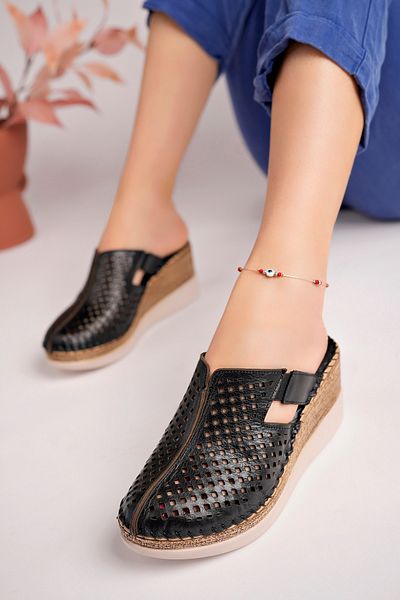 Akgün Terlik Genuine Leather Black Wedge Heeled Soft Sole Women's Slippers
