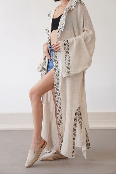 Hiera Made Organic Black Linen Kimono - 100% Organic, Wood Printed, Hooded