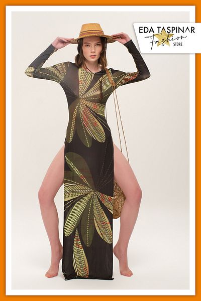Eda Taşpınar Meat Iconic Design Green Patterned Deep Slit Dress