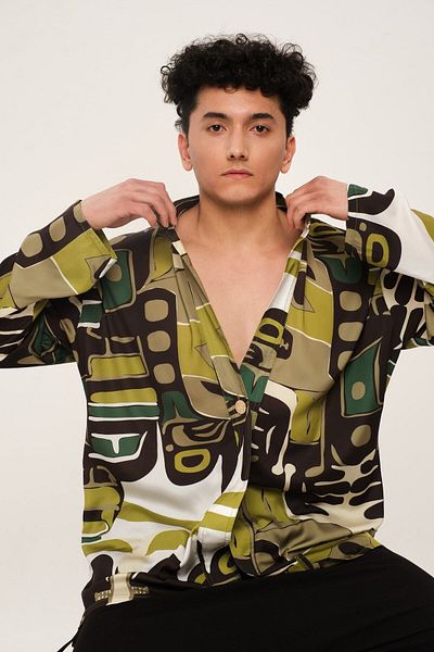 Eda Taşpınar Chaos Men's Green Patterned Single Button Oversize Shirt